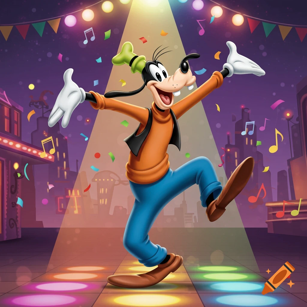 Goofy dances enthusiastically under a spotlight on a disco floor with confetti and musical notes in a cartoon city at night.