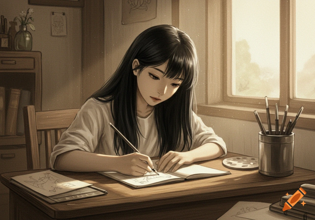 An anime girl with long black hair draws in a sketchbook at a wooden desk with a pencil, palette, and brushes, bathed in soft window light.