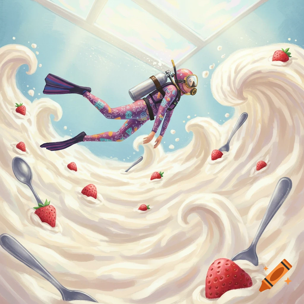 A whimsical illustration of a scuba diver with a patterned suit swimming through large waves of whipped cream filled with strawberries and spoons.