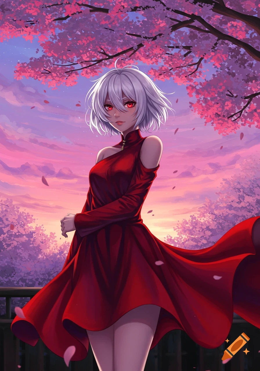 Anime girl with white hair and red eyes in a red dress under a cherry blossom tree at sunset.