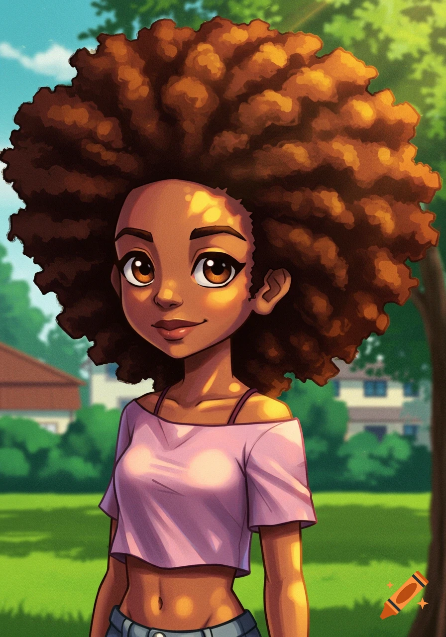 A smiling animated Black woman with a large afro wears a pink crop top outdoors on a sunny day.