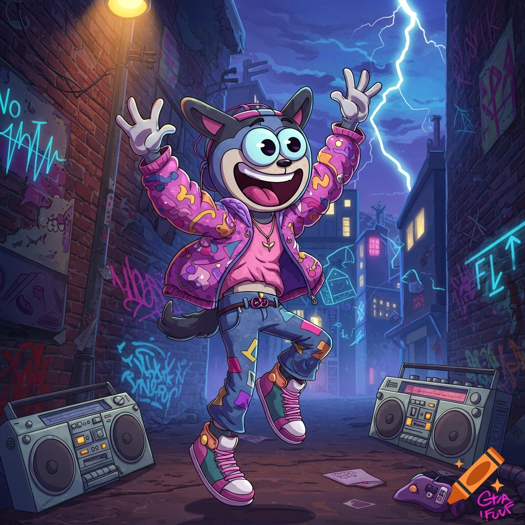 A cartoon wolf-like character in a vibrant pink jacket and ripped jeans dances in a neon-lit city alley with boomboxes and lightning.