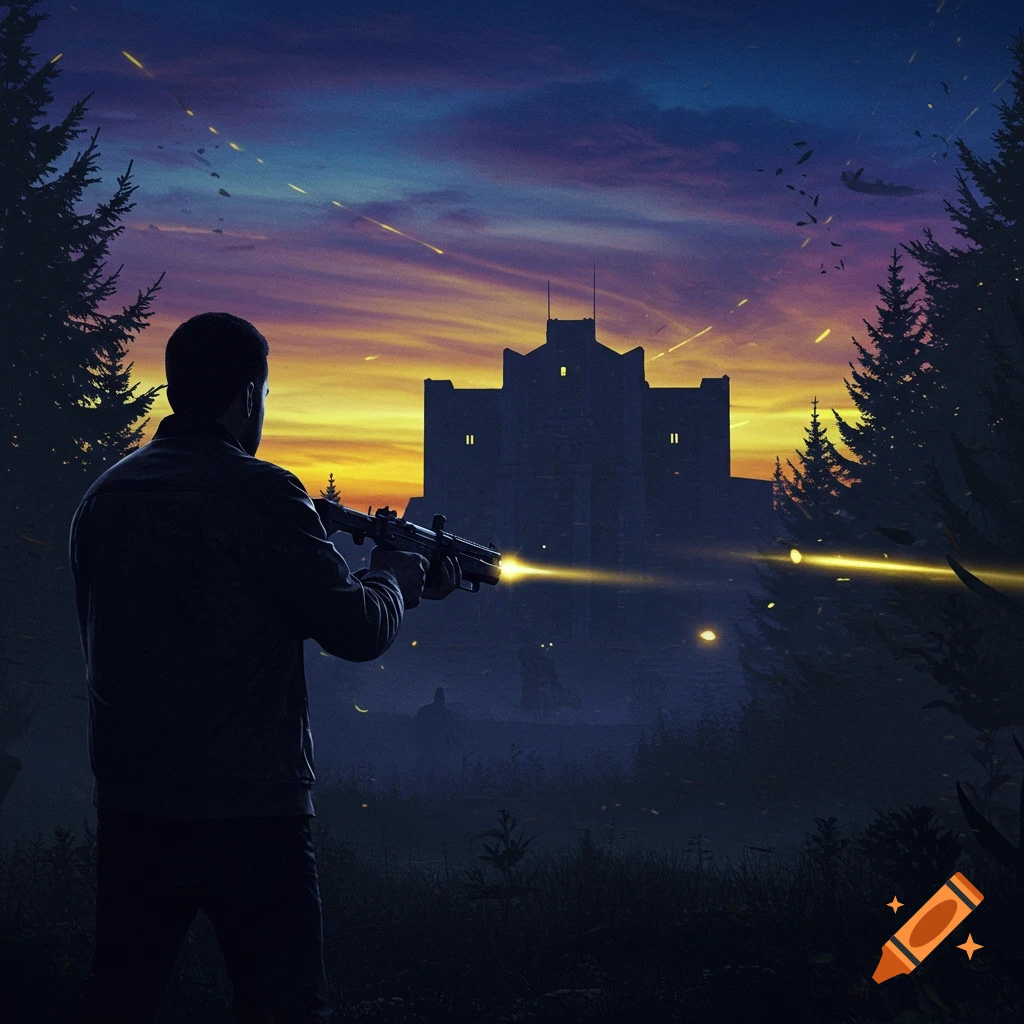 A silhouette of a man aiming a glowing gun towards a dark, fortress-like building under a dramatic purple and yellow sunset, in a cinematic style.