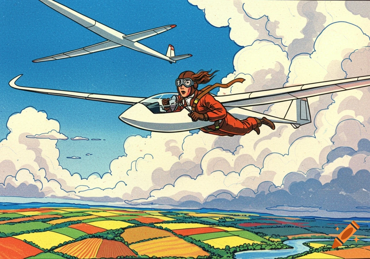 A retro comic art style image of a female pilot in a glider flying above a colorful patchwork landscape, with another glider above.