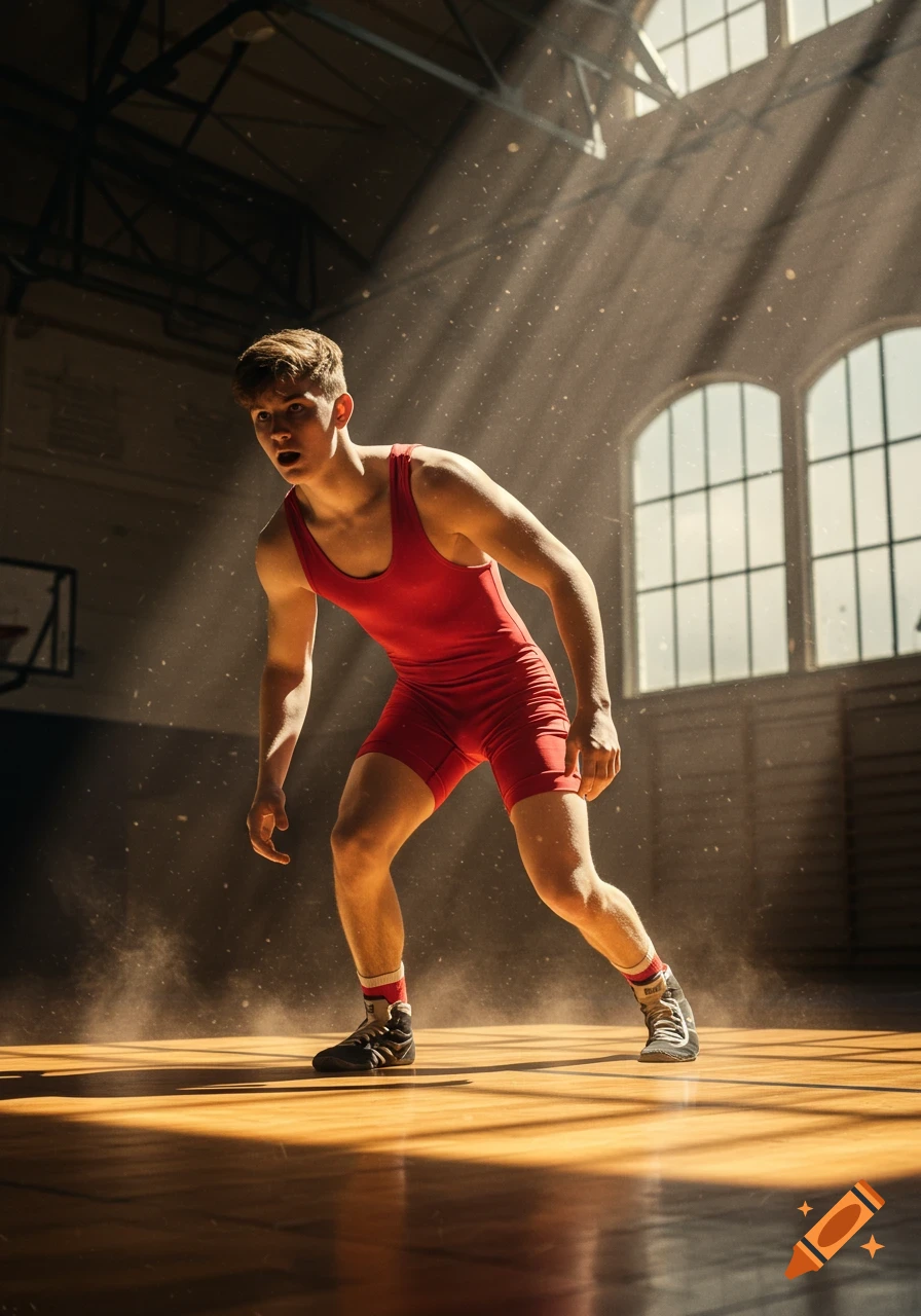 A young male wrestler in a red singlet stands on a dusty wooden floor in a sunlit gym, ready for action.