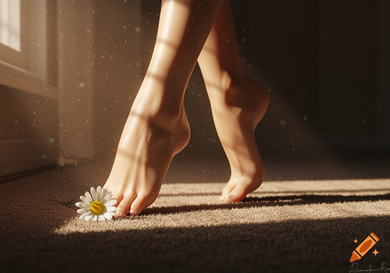 Close-up of bare feet on a sunlit carpet with a white daisy, featuring dust motes in the light.