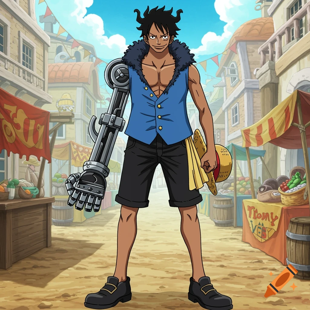 A brown-skinned man in anime style with black spiky hair, a blue vest with fur collar, black shorts, and a robotic right arm, standing in a lively market street.