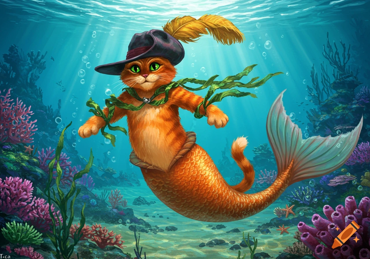 Puss in Boots, transformed into a mermaid, swims through a vibrant underwater coral reef, wrapped in kelp.