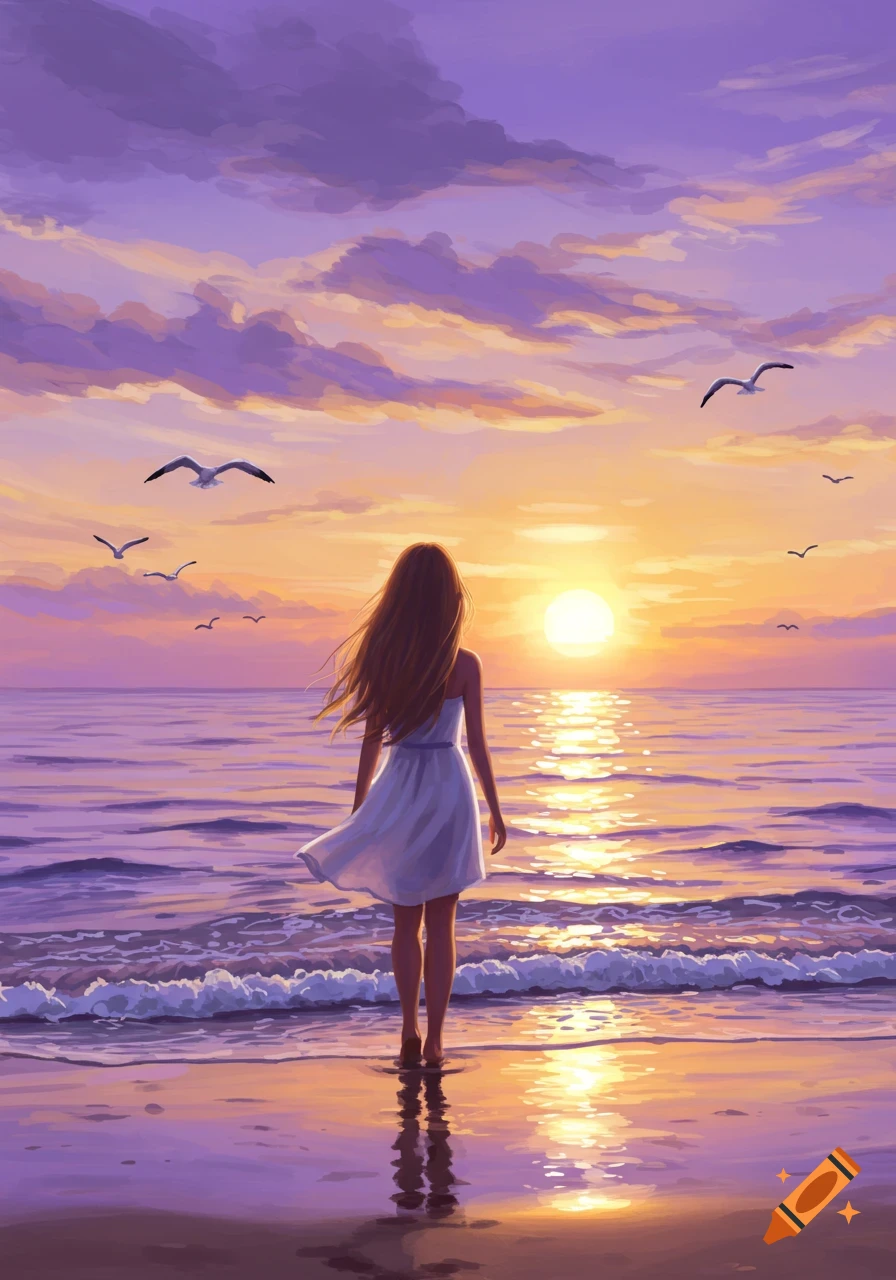 A girl stands in the ocean at sunset, looking towards the sun reflecting on the water, with birds flying in the purple and orange sky.