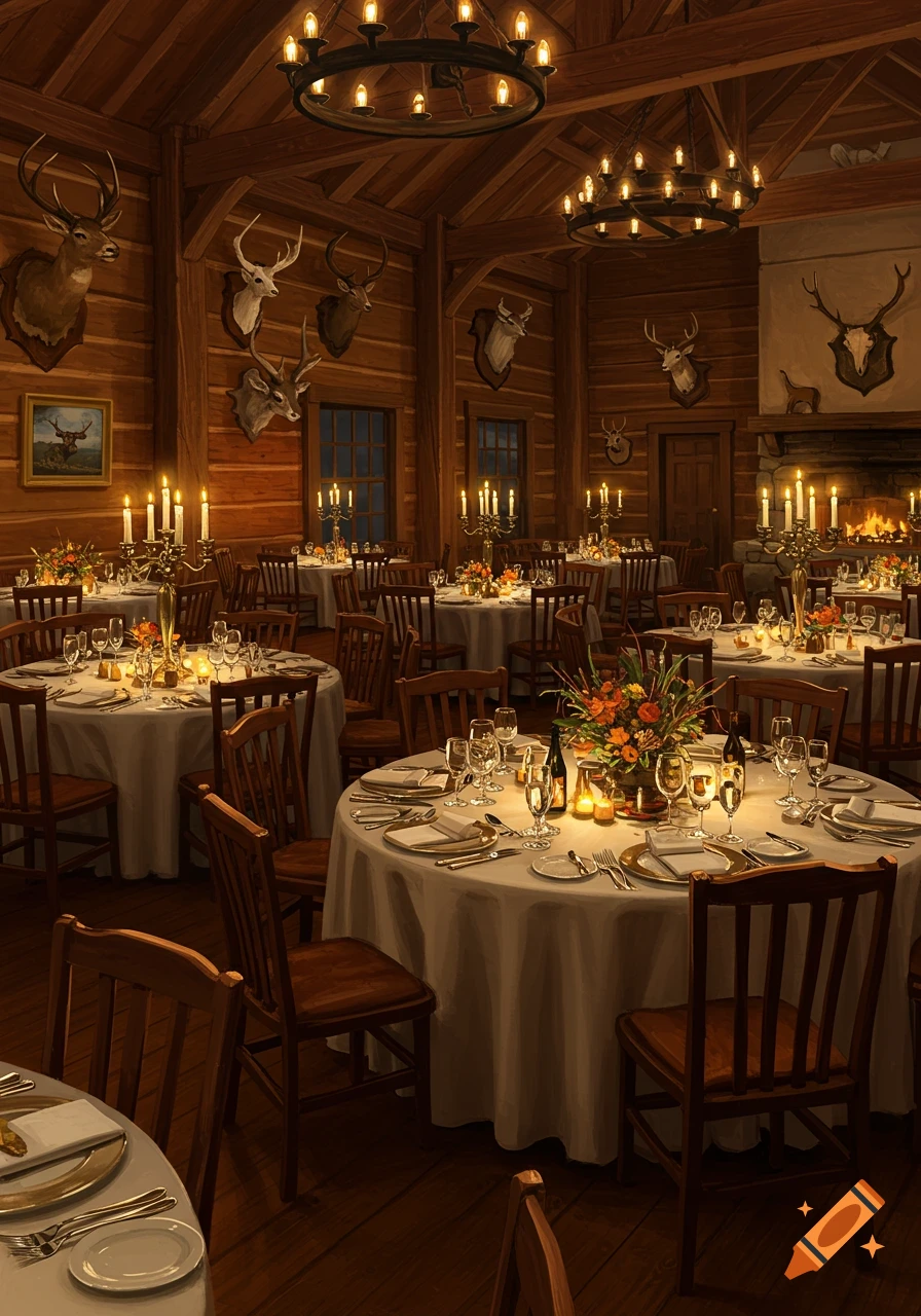A rustic, wood-paneled banquet hall illuminated by chandeliers and candlelight, with tables set for a formal dinner. Deer taxidermy adorns the walls.