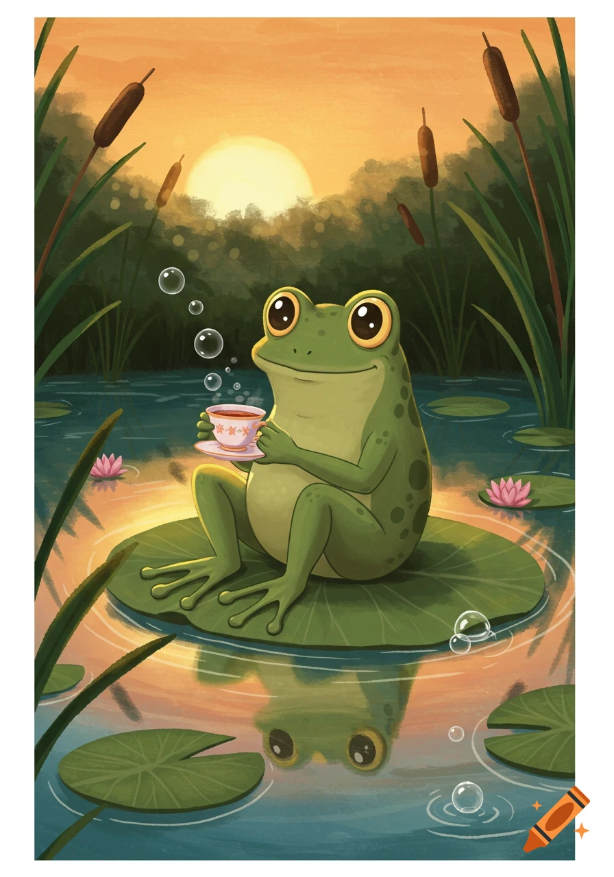 A cute cartoon frog sits on a lily pad in a pond at sunset, happily drinking from a small teacup. Illustrated.
