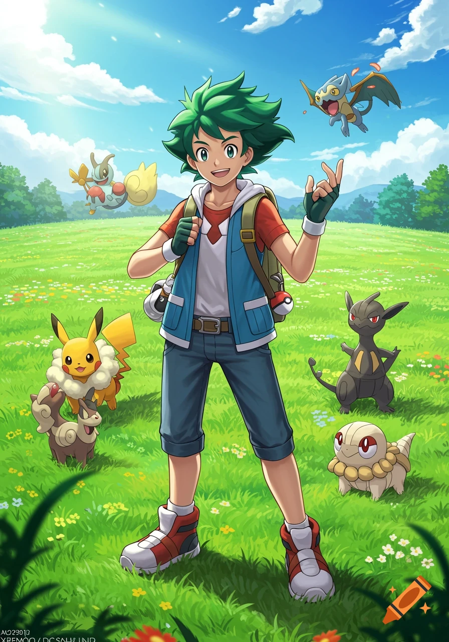 Anime-style illustration of a green-haired Pokemon trainer in a field surrounded by various Pokemon.