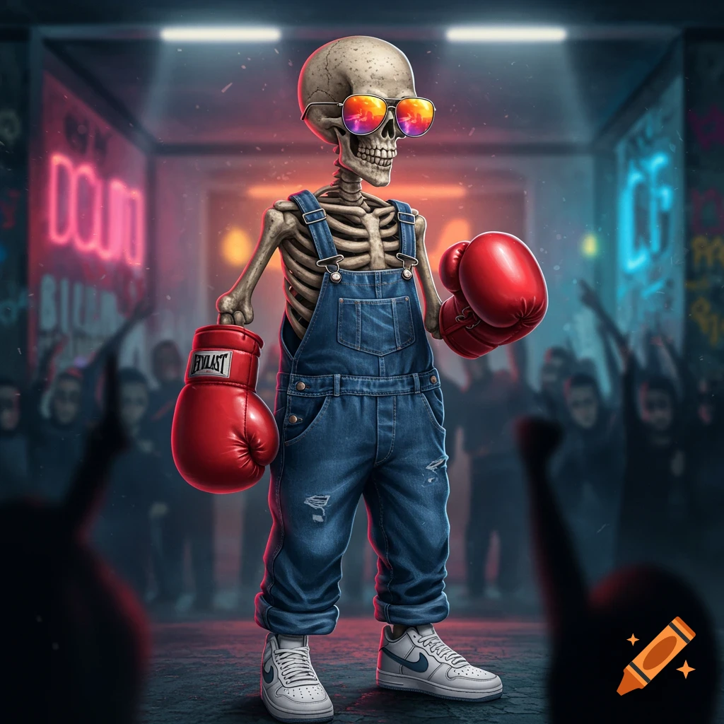 A cartoon skeleton wearing blue overalls, red boxing gloves, rainbow sunglasses, and white Nike shoes stands in a dark, neon-lit room with blurry figures in the background.