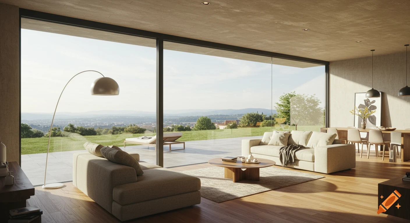 Photorealistic image of a modern living room with floor-to-ceiling windows overlooking a sunny landscape.