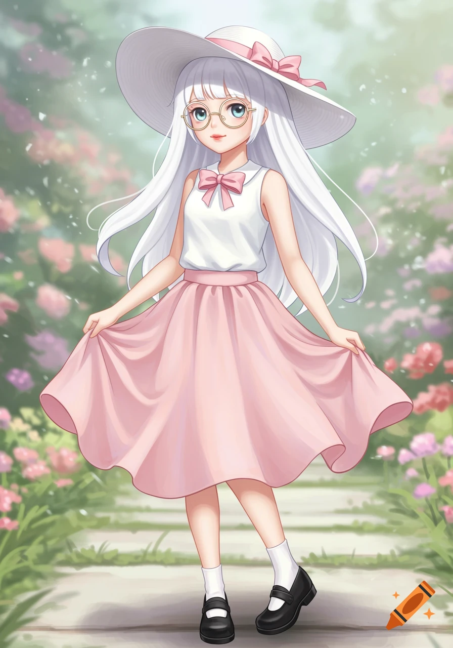 An anime girl with long white hair, wearing a white hat, black glasses, a white top, and a pink skirt, stands in a flowery park.