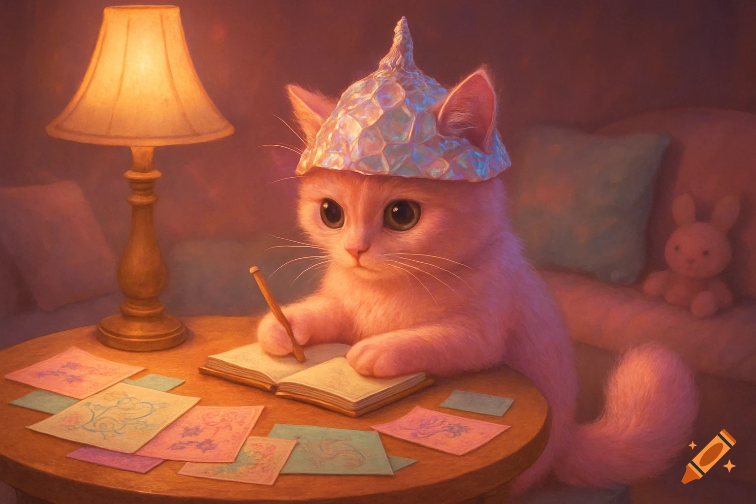 A cute pink cat wearing a tinfoil hat sits at a wooden table, writing in a notebook under the light of a lamp.