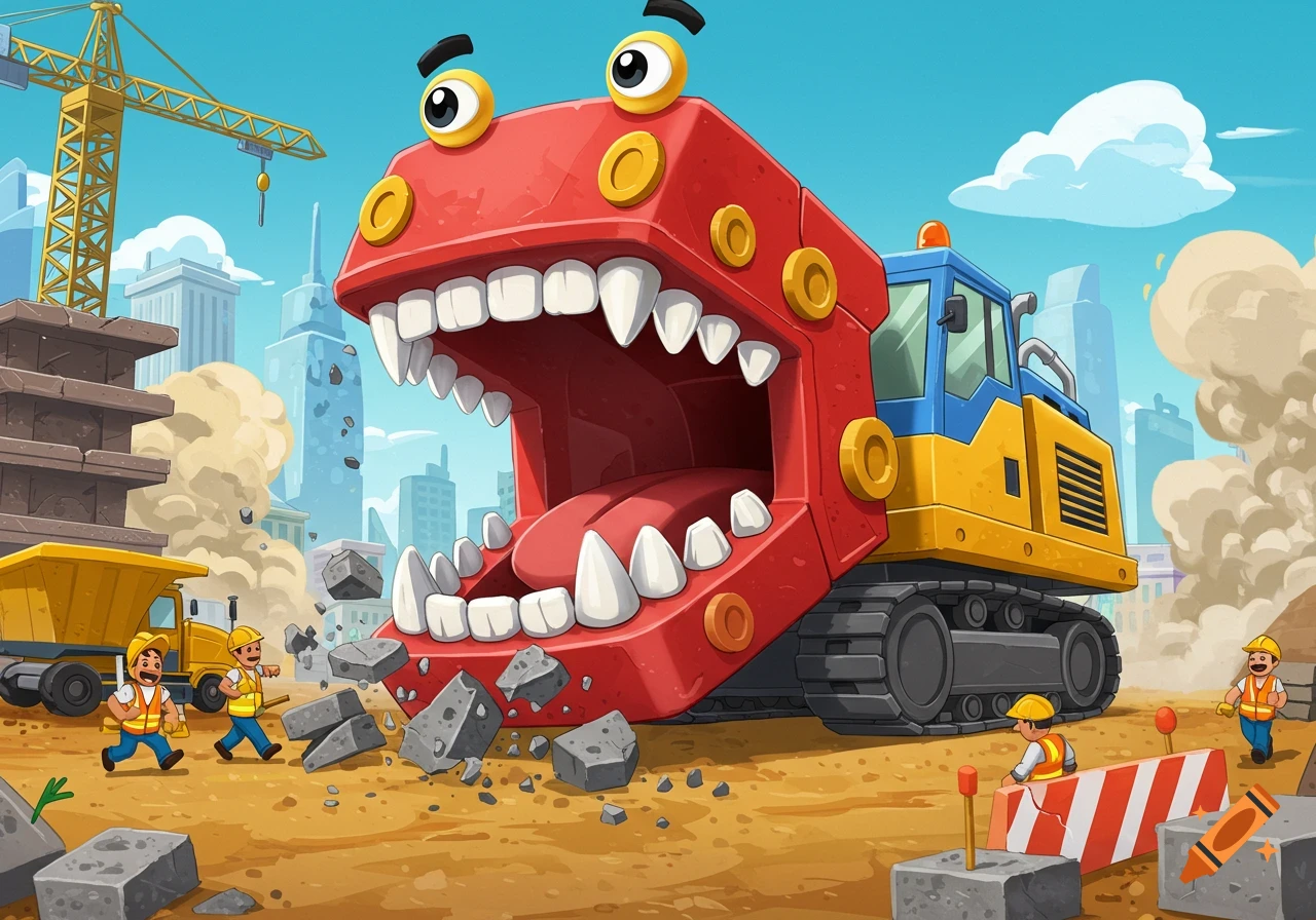 A cartoon red monster-like concrete crusher machine at a construction site with workers and rubble, with city buildings in the background.