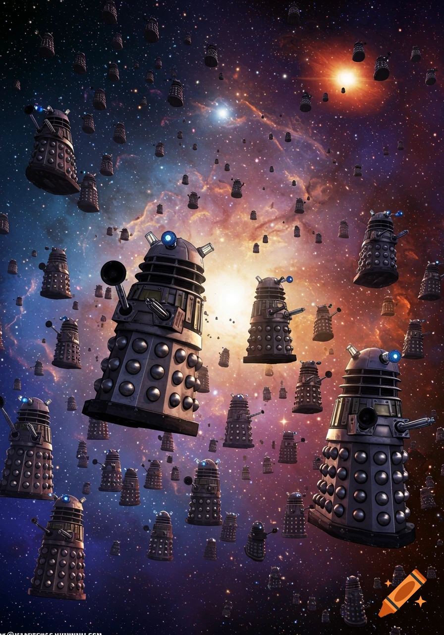 A vast number of Daleks float through a vibrant, star-filled galaxy with colorful nebulae.