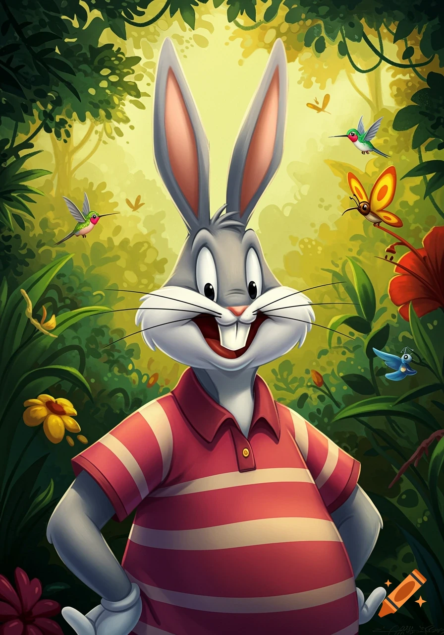 Bugs Bunny wearing a pink and white striped polo shirt, smiling in a lush green jungle with hummingbirds and butterflies.