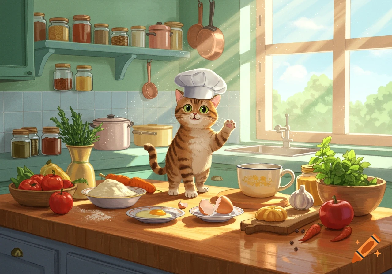A cute cartoon cat wearing a chef hat stands on a kitchen counter with various cooking ingredients.