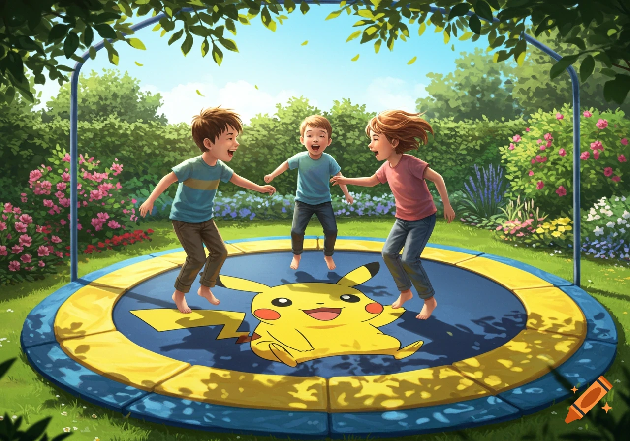 Three joyful children jump on a blue and yellow trampoline featuring a large Pikachu character in a sunny backyard.