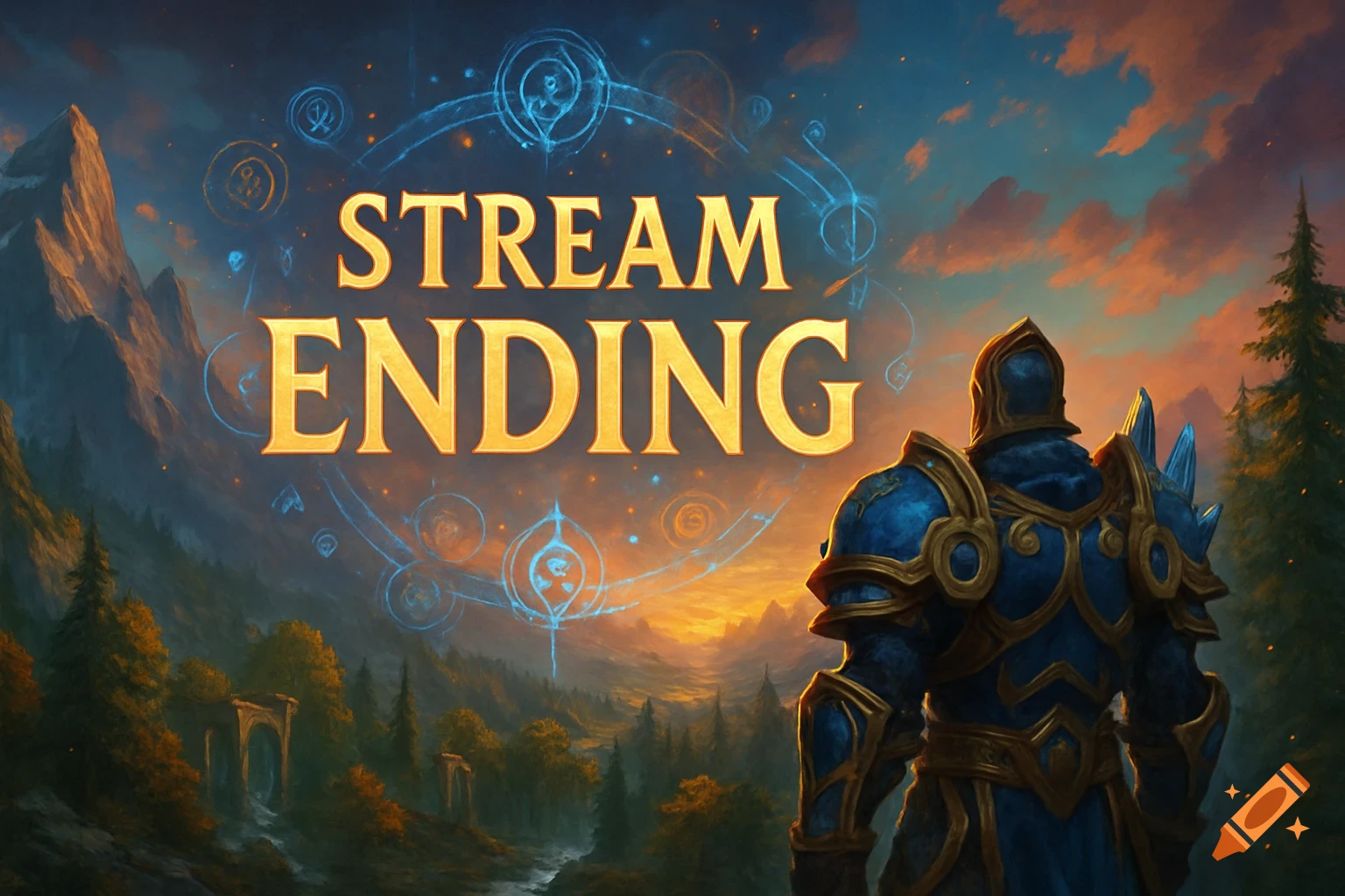 A fantasy landscape with a knight in blue and gold armor looking over a valley. Large golden text in the sky reads 'STREAM ENDING'.