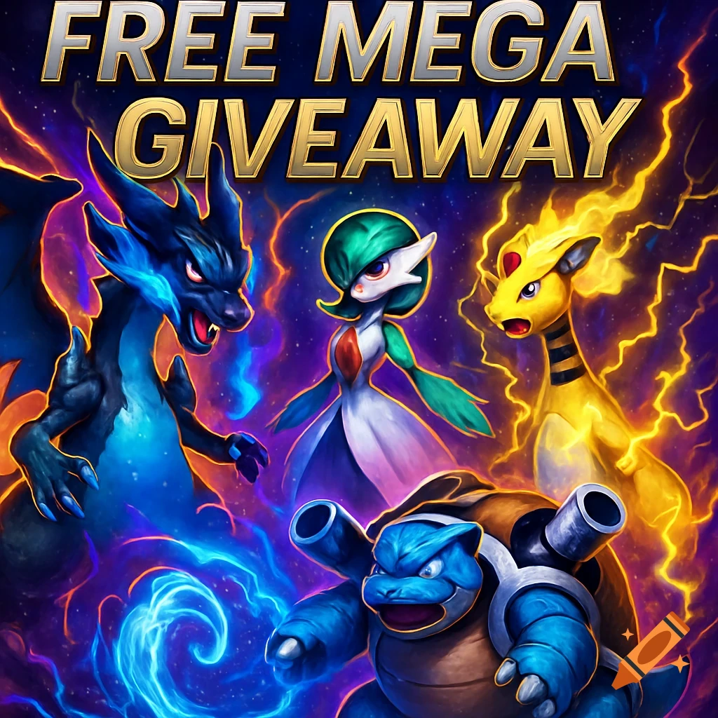 Mega Charizard X, Gardevoir, Ampharos, and Blastoise with glowing auras, above 'FREE MEGA GIVEAWAY' text on a starry background.