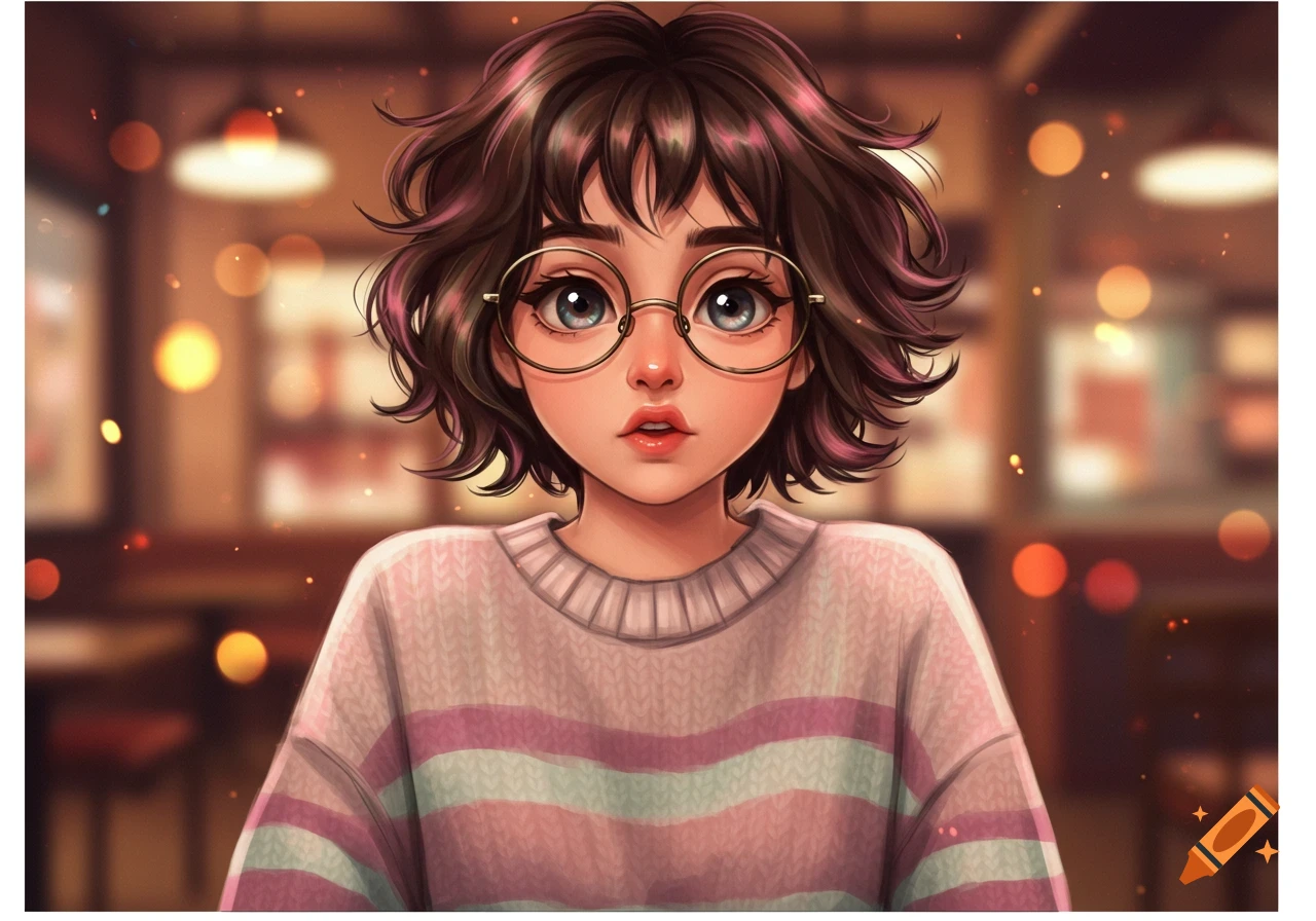 Close-up anime portrait of a woman with short curly brown hair, glasses, and a pink and white striped sweater, with a blurry cafe background.