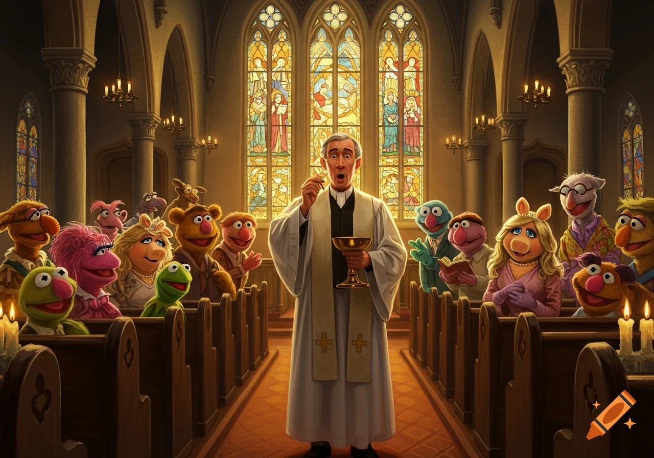 A preacher gives communion to a congregation of Muppets inside a detailed church with stained glass windows.