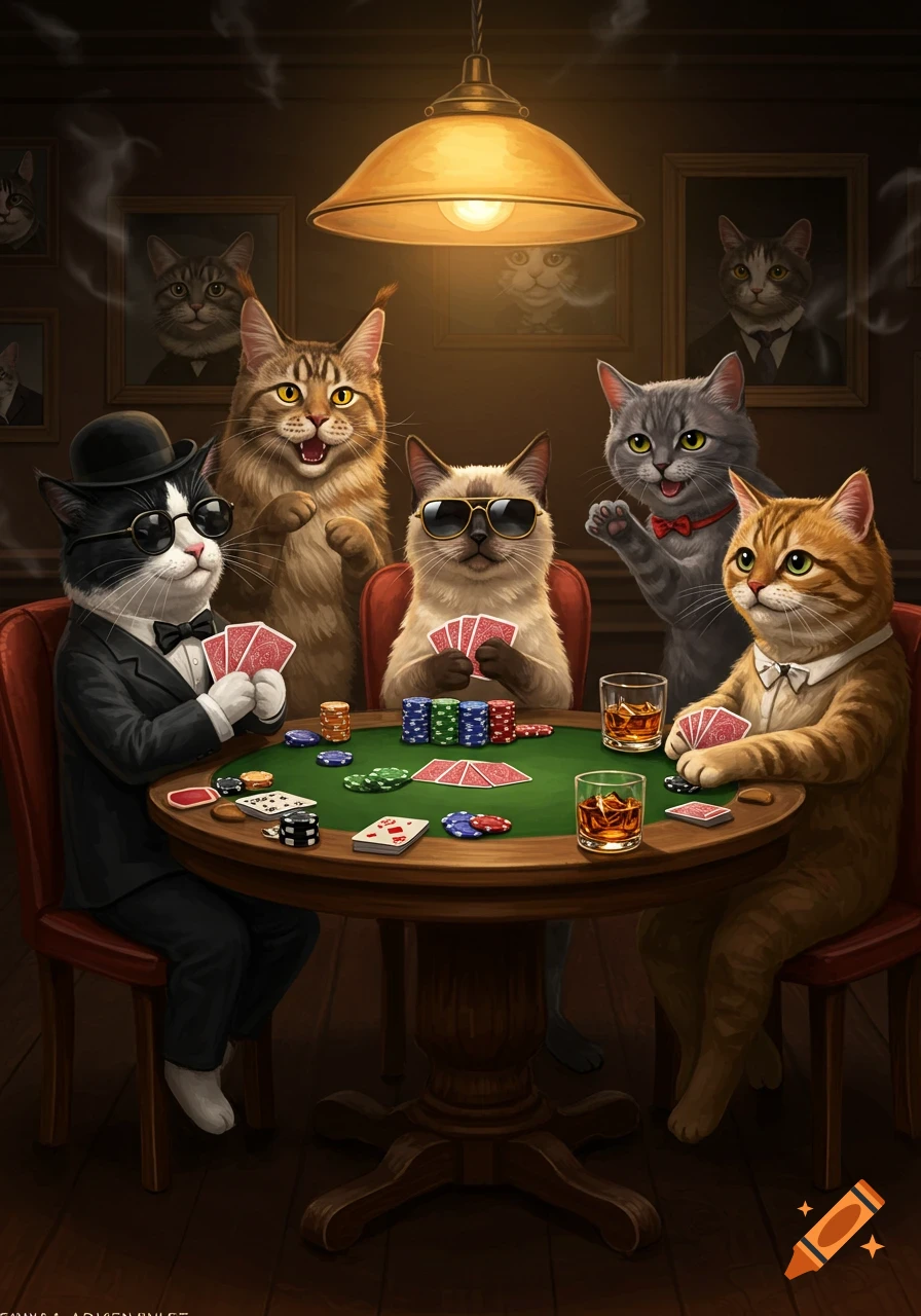 Five anthropomorphic cats in suits and ties play poker around a green felt table in a dimly lit room, with drinks and chips.