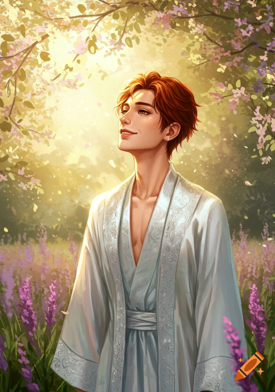 A man with reddish-brown hair in a light robe smiles and looks up in a sunny, ethereal lavender field with blossoming trees overhead, digital art style.