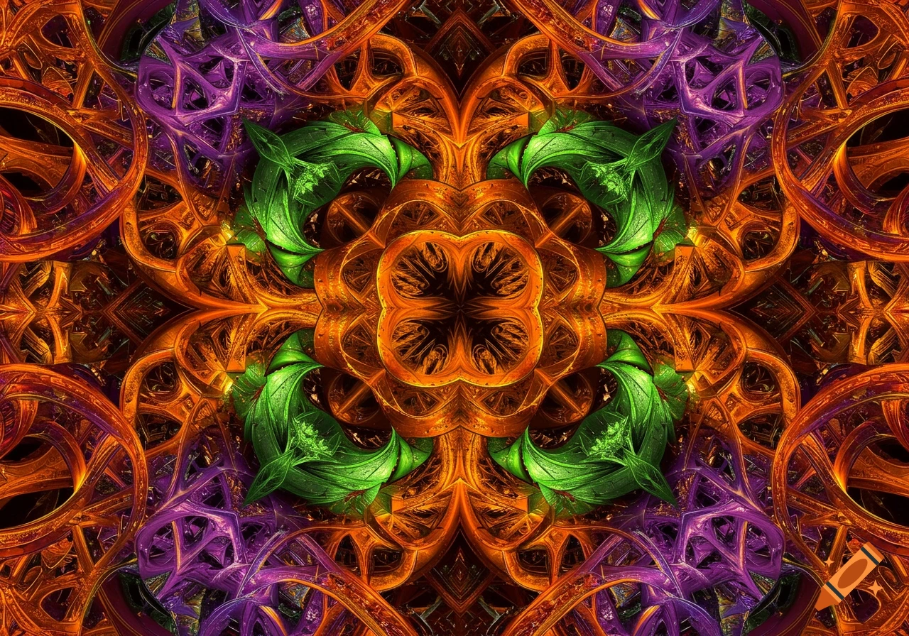 An intricate, symmetrical filigree pattern in metallic orange, lime green, and royal purple.