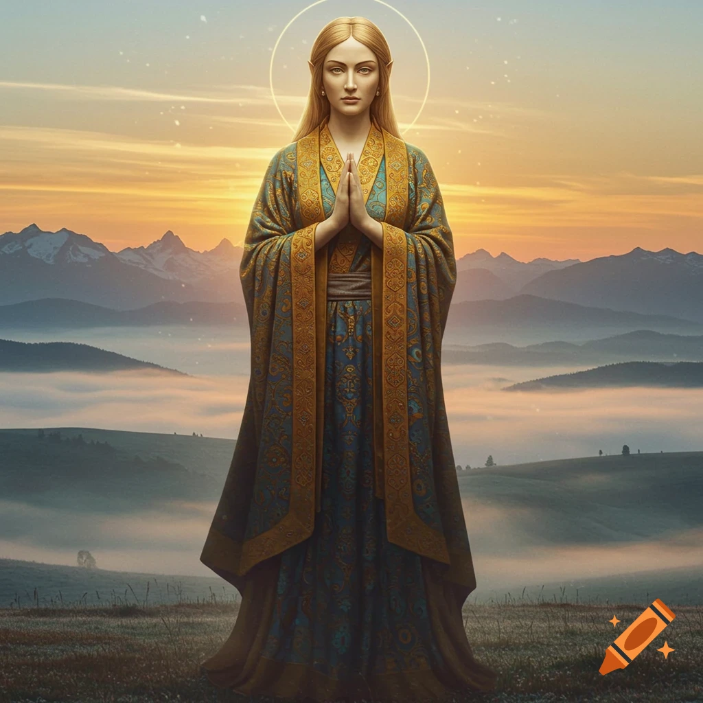 Photorealistic image of a female elf deity with a halo, standing with hands clasped in prayer in a misty mountain landscape at sunset.