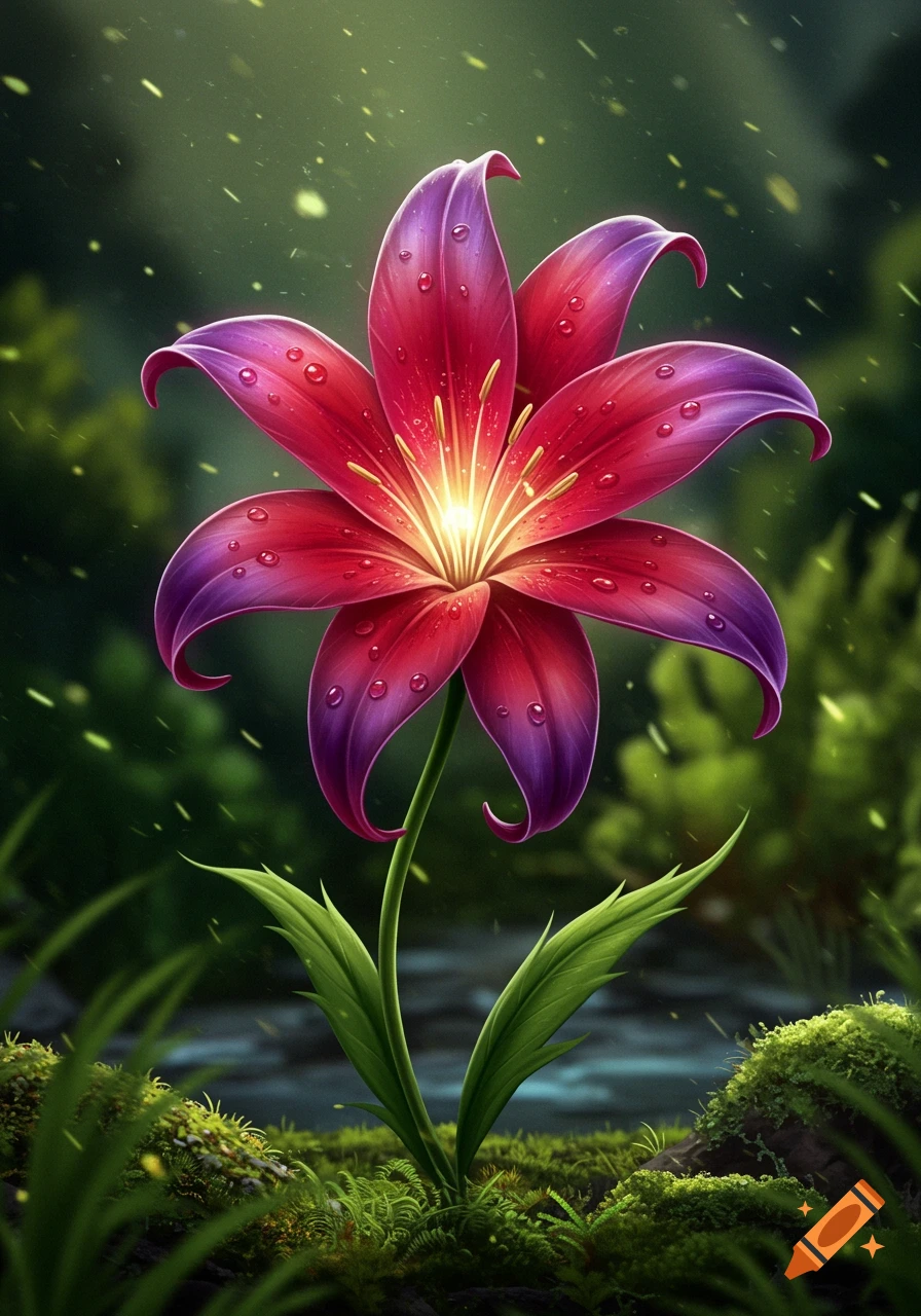 A vibrant red and purple lily-like flower with a glowing center and water droplets in a lush, green forest.