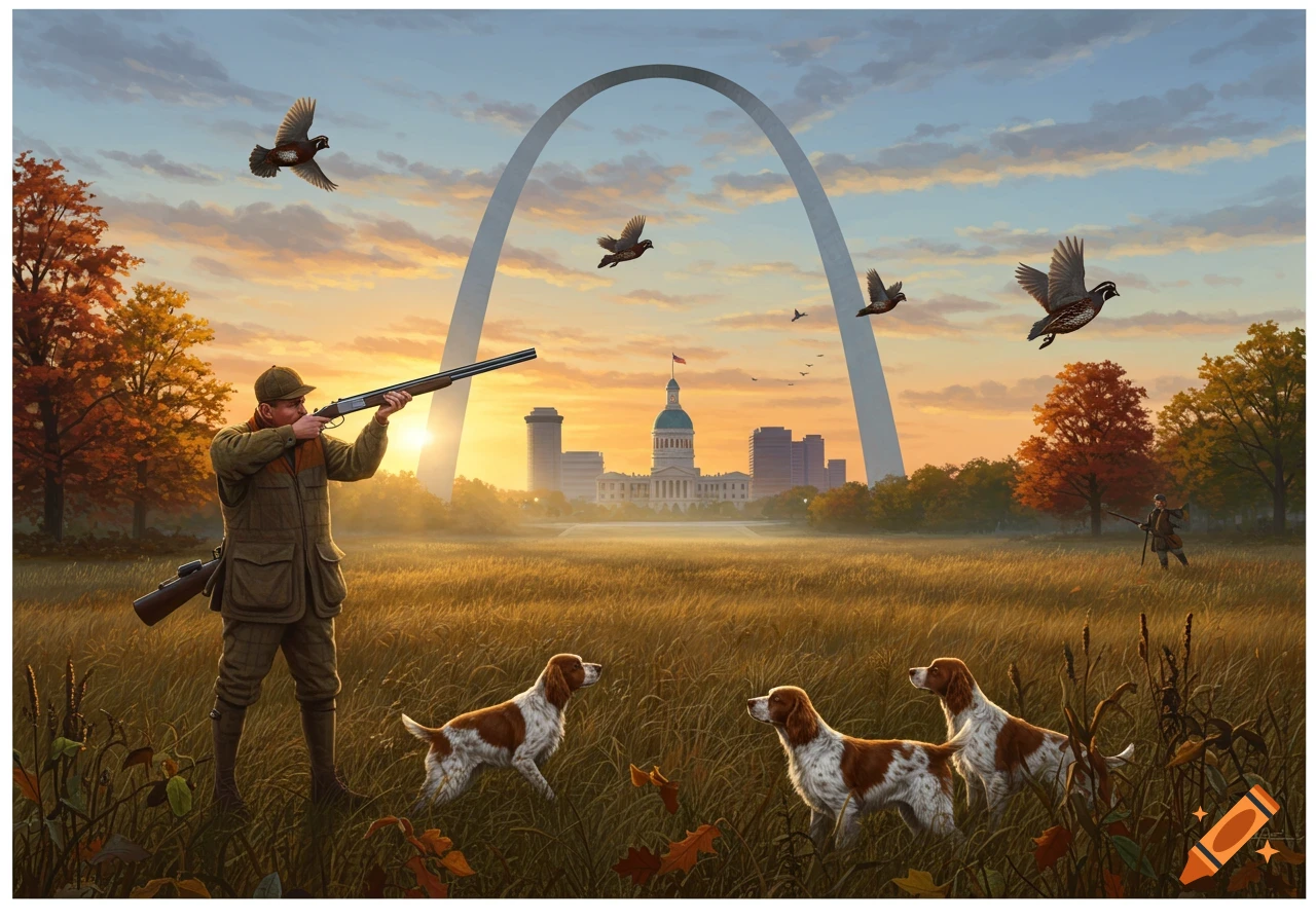 A hunter with three dogs in a golden field aims his shotgun at birds flying near the St. Louis Arch and city skyline at sunset.