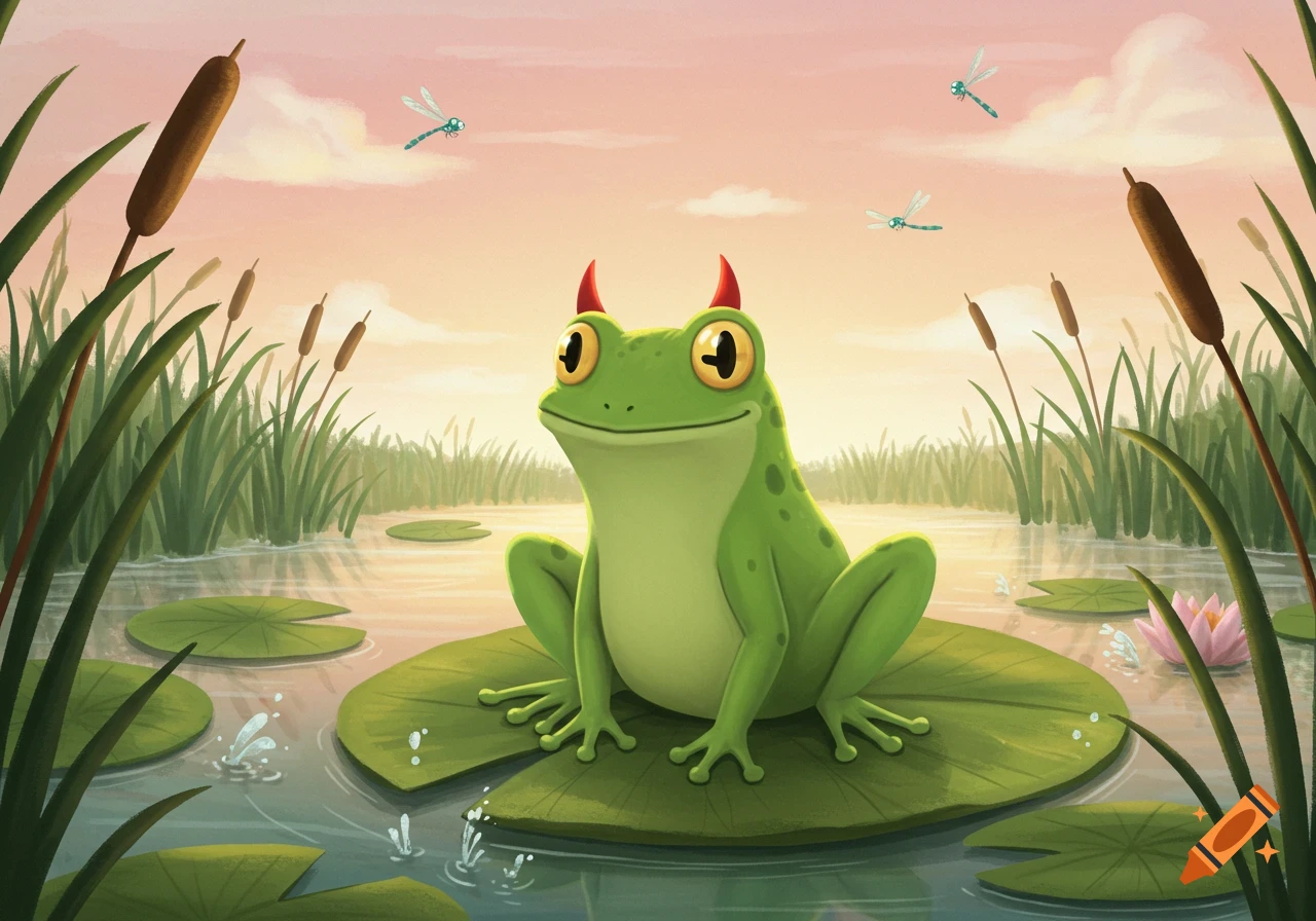 A cartoon green frog with red devil horns sits on a lily pad in a pond with cattails and dragonflies at sunset.