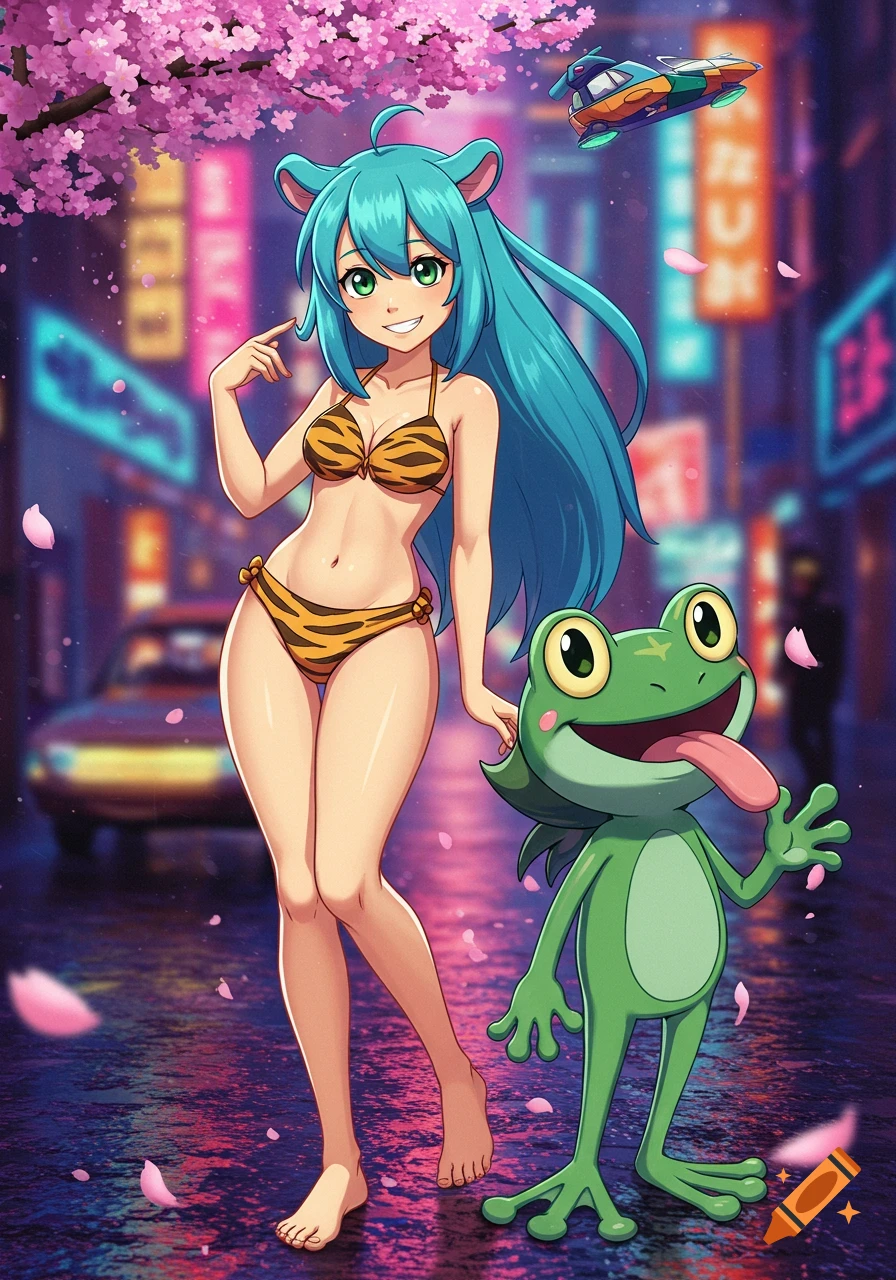 An anime girl in a tiger-stripe bikini with blue hair and cat ears stands with a green frog on a wet city street under cherry blossoms at night.