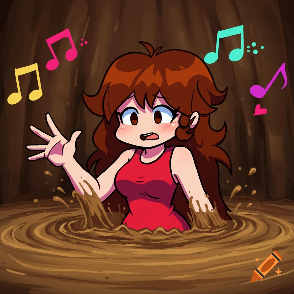Cartoon of Girlfriend from Friday Night Funkin' sinking in quicksand, with musical notes floating around.