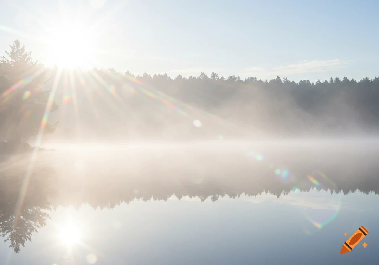 Misty lake at sunrise with prominent sun rays and lens flare, reflecting trees in the water.
