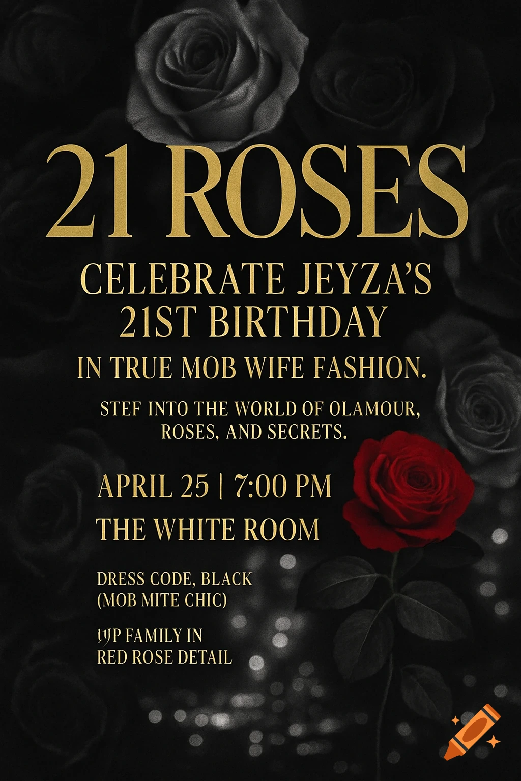 An elegant black and gold 21st birthday invitation card with black roses in the background and one prominent red rose, gold text, and bokeh lights.
