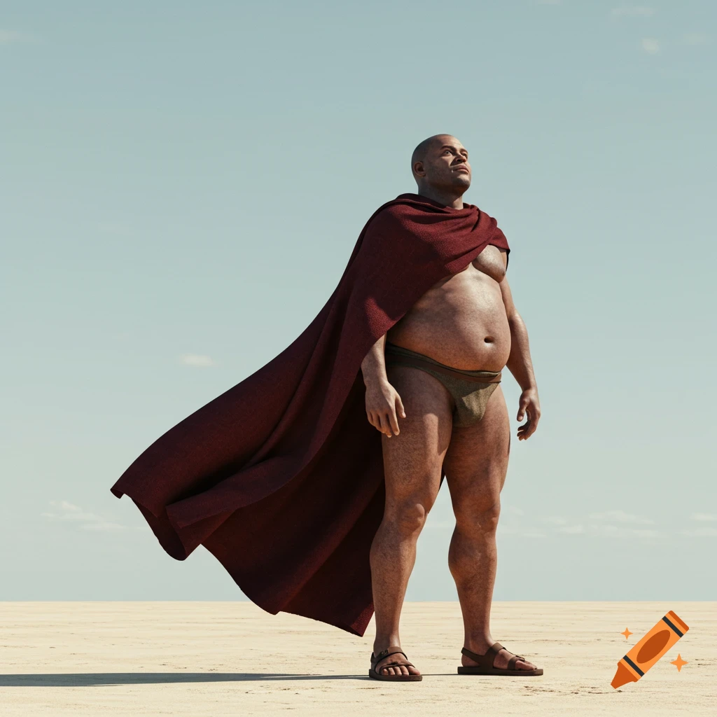 A photorealistic rendering of an overweight man in a red cape and sandals standing in a desert, looking up at the sky.