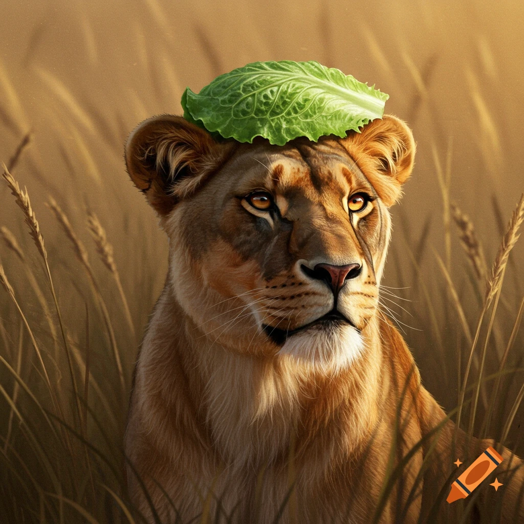 Photorealistic lioness sitting in tall grass with a large lettuce leaf on its head.