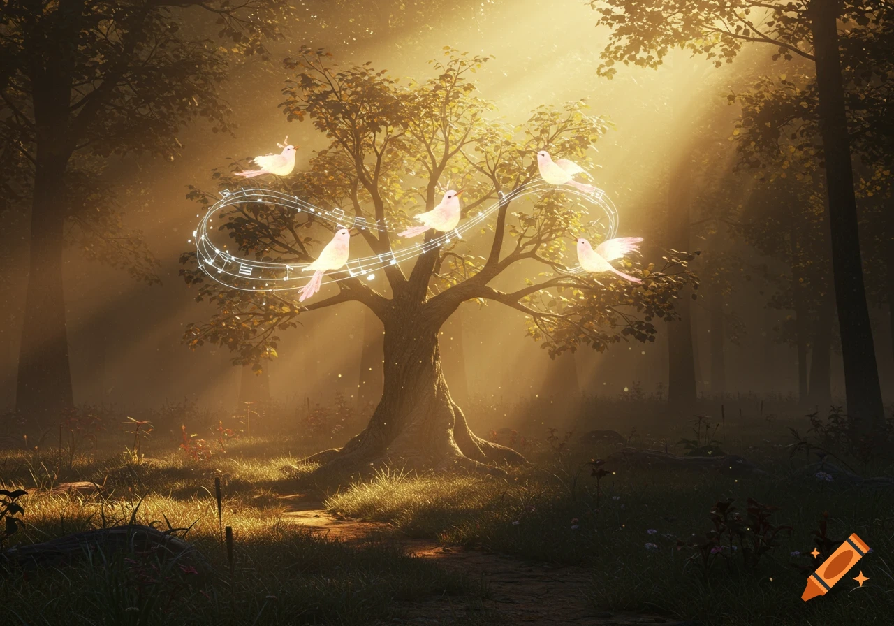 Magical forest with sun rays illuminating a tree where glowing pink birds fly amidst musical notes.