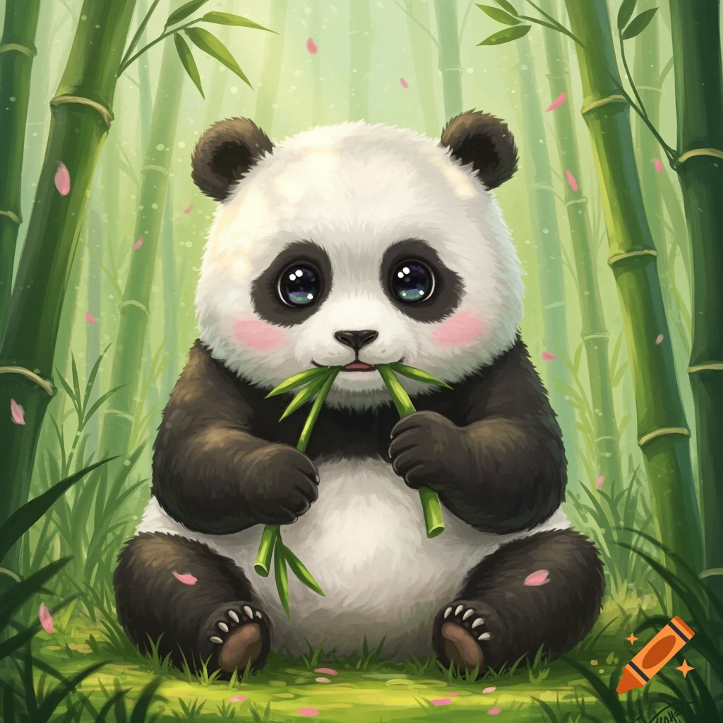 A cute kawaii baby panda with large eyes sits in a lush green bamboo forest, eating bamboo stalks.