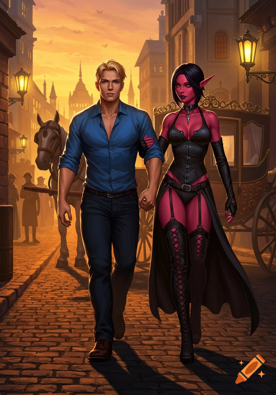 A handsome blond man in a blue shirt walks arm-in-arm with a red-skinned elf woman in a black leather corset and thigh-high boots on a cobblestone street at sunset, with a horse and carriage behind them.