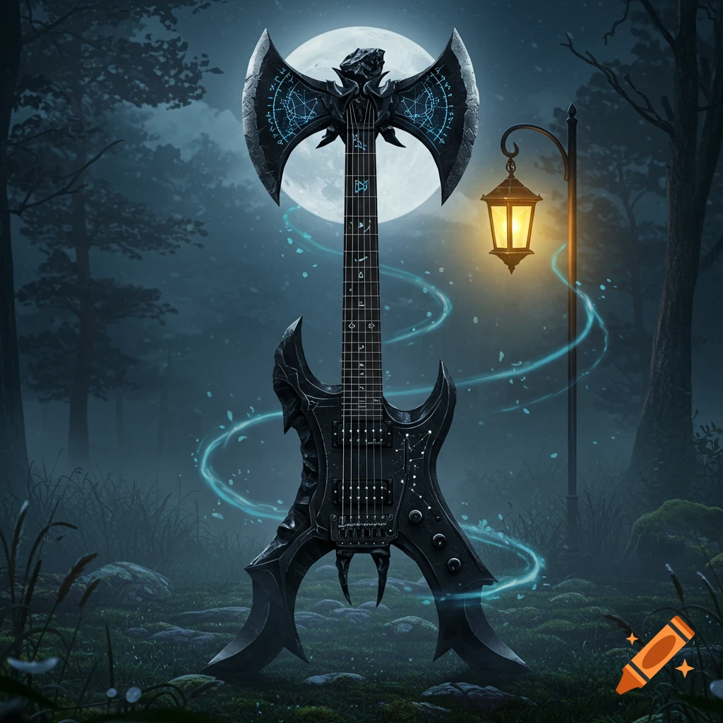 An ornate black axe-shaped electric guitar with glowing blue runes stands in a dark, misty fantasy forest under a full moon.