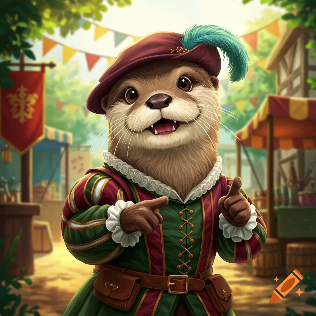A smiling cartoon otter in green and red renaissance clothing and a feathered hat points forward at a sunny outdoor fair.