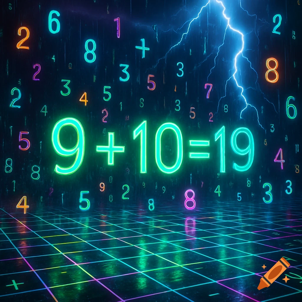 Neon green numbers 9+10=19 float in a dark digital space with scattered colorful numbers and a lightning bolt.