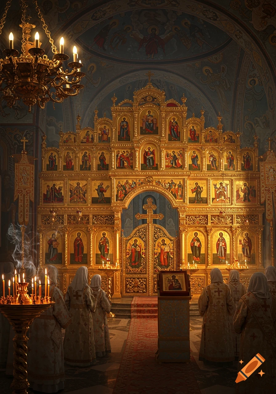 People in robes facing a golden iconostasis in a dimly lit Orthodox Christian church, with candles and a large chandelier.