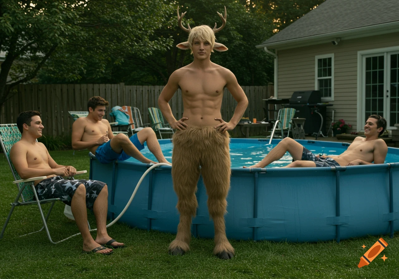 A photorealistic image of a satyr and three friends hanging out at a backyard pool. The satyr wears furry pants and antlers, while his friends wear swim trunks.